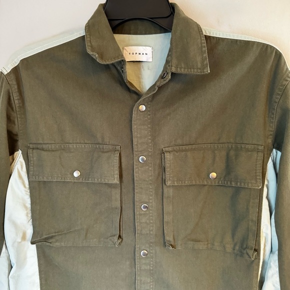 Topman Men’s Twill Colorblock Snap Front Forest Green Blue Pocketed Top Sz L-XL - Picture 5 of 12